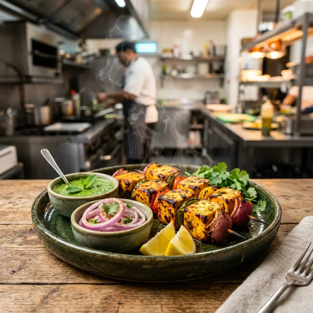 Freshly plated tandoori paneer tikka platter